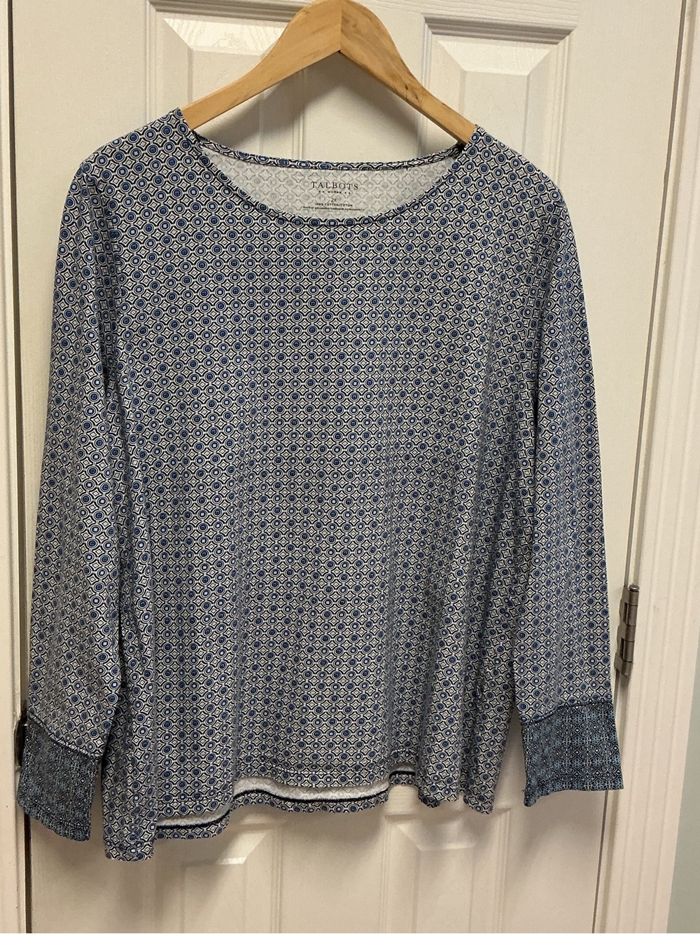Talbots SZ 2X Women’s Cotton Blue & White Trellis Print Contrast LongSleeve Top